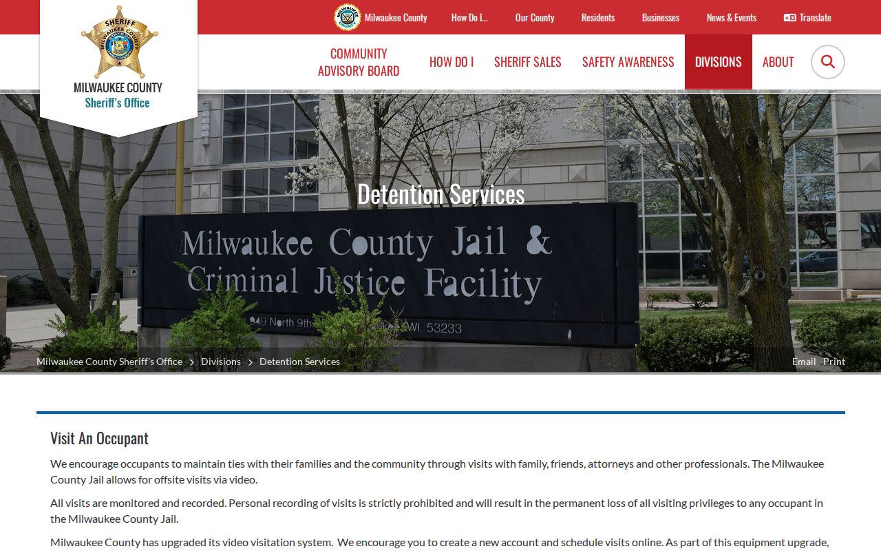 Milwaukee County arrest records and jail detention services page