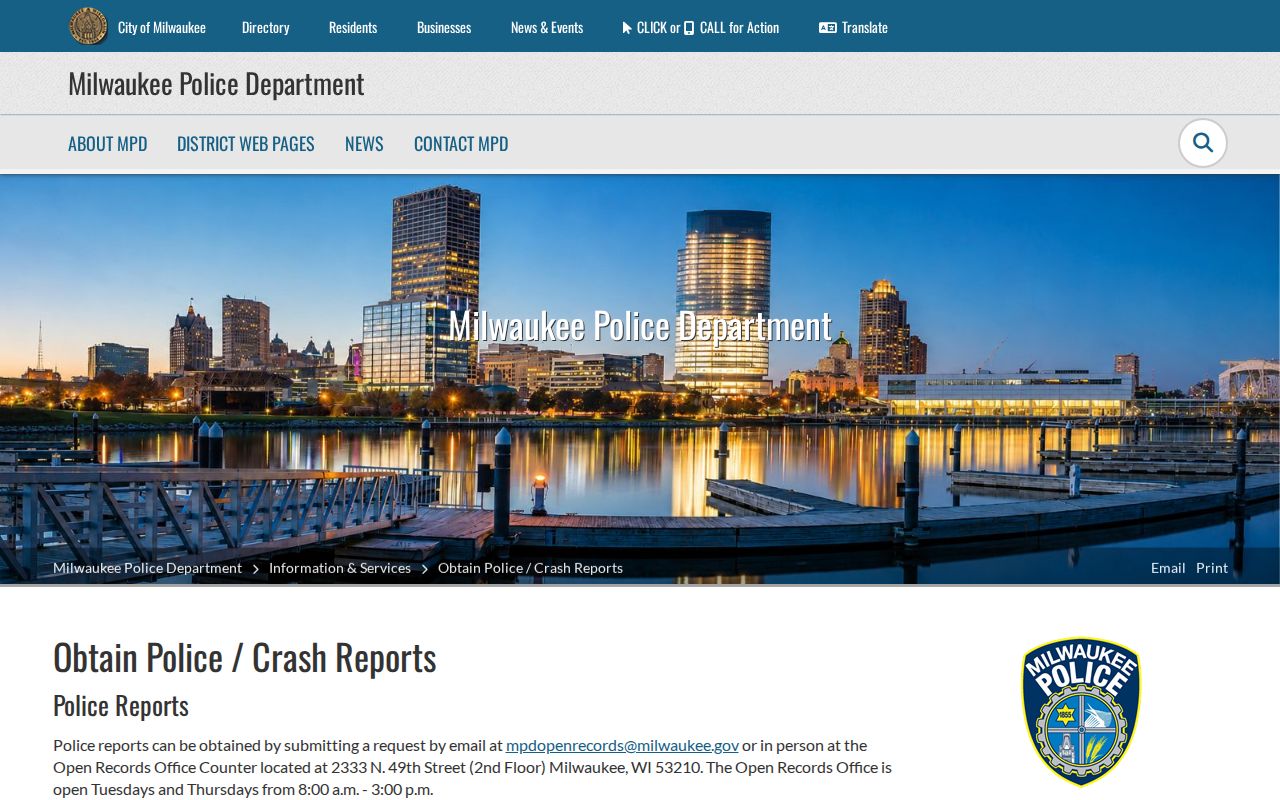 Milwaukee criminal history police records and crash report request page