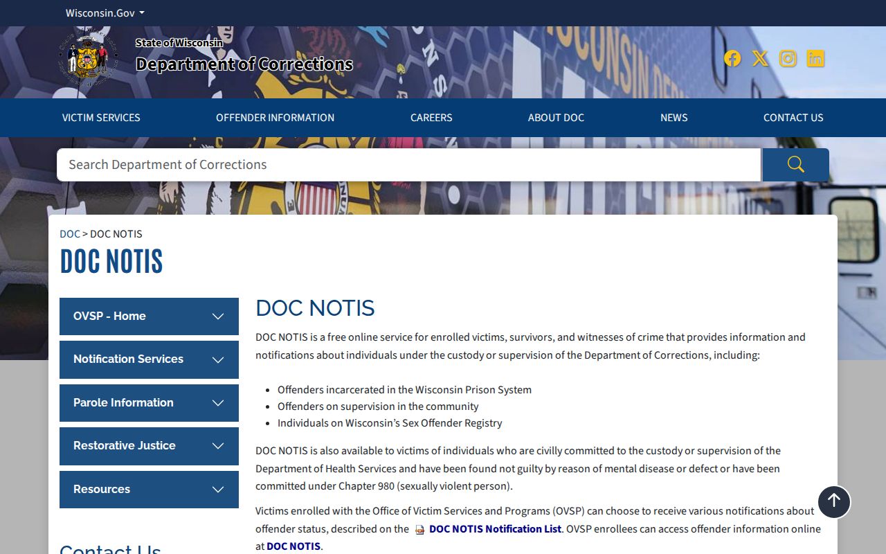 Milwaukee County criminal history and Wisconsin DOC NOTIS notification service